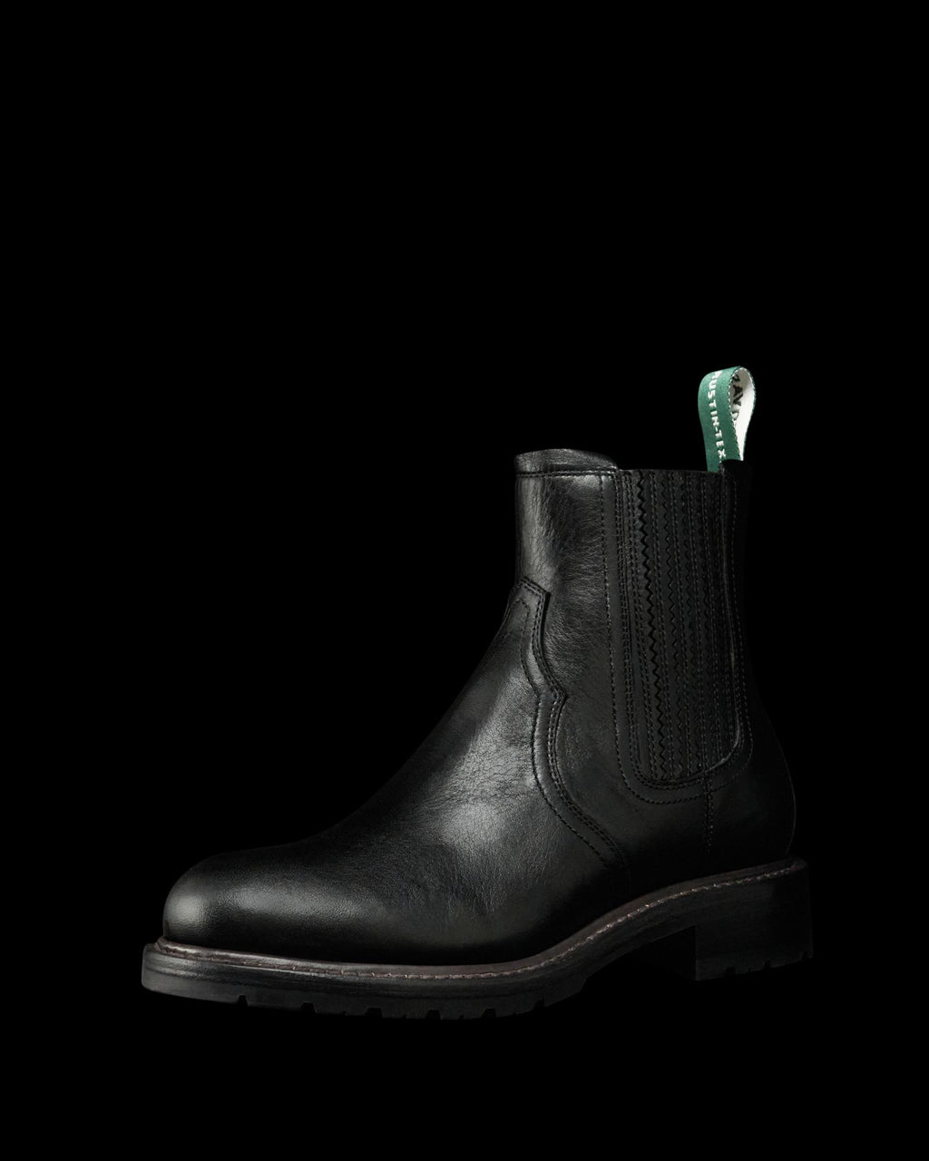 Quarterfront view of The Rugged Chelsea - Midnight Cowhide on plain background