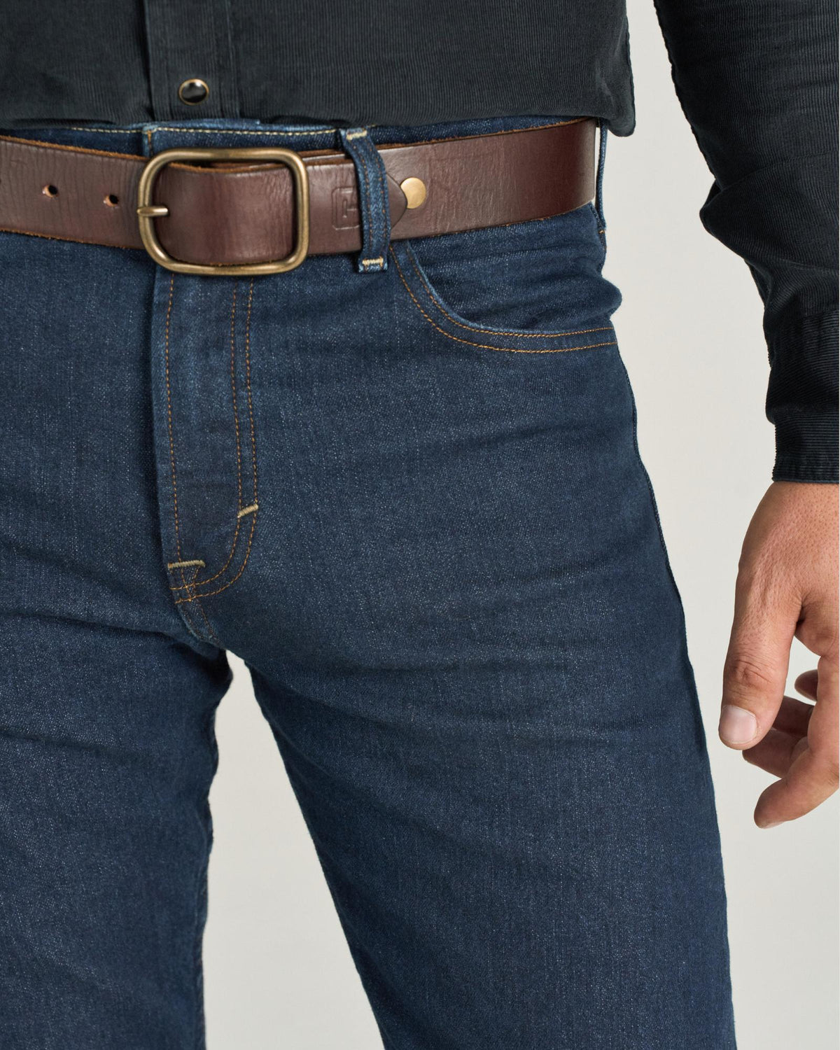 Closeup detail view of Men's Slim Straight Stretch Denim - Dark Indigo
