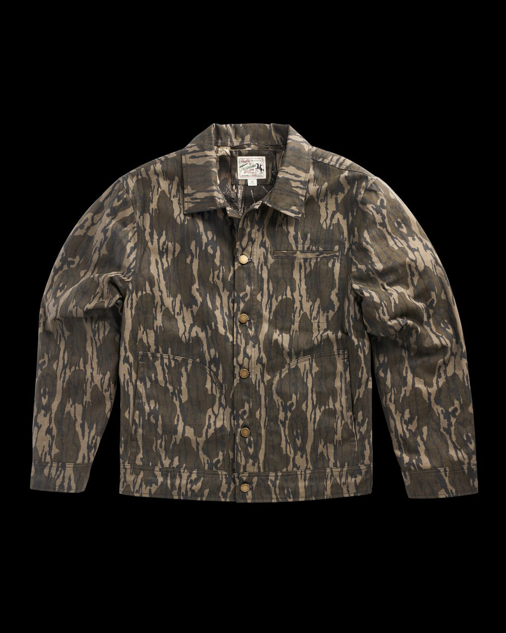 Front view of Men's Tecovas x Mossy Oak Waxed Ranch Jacket - Original Bottomland on plain background