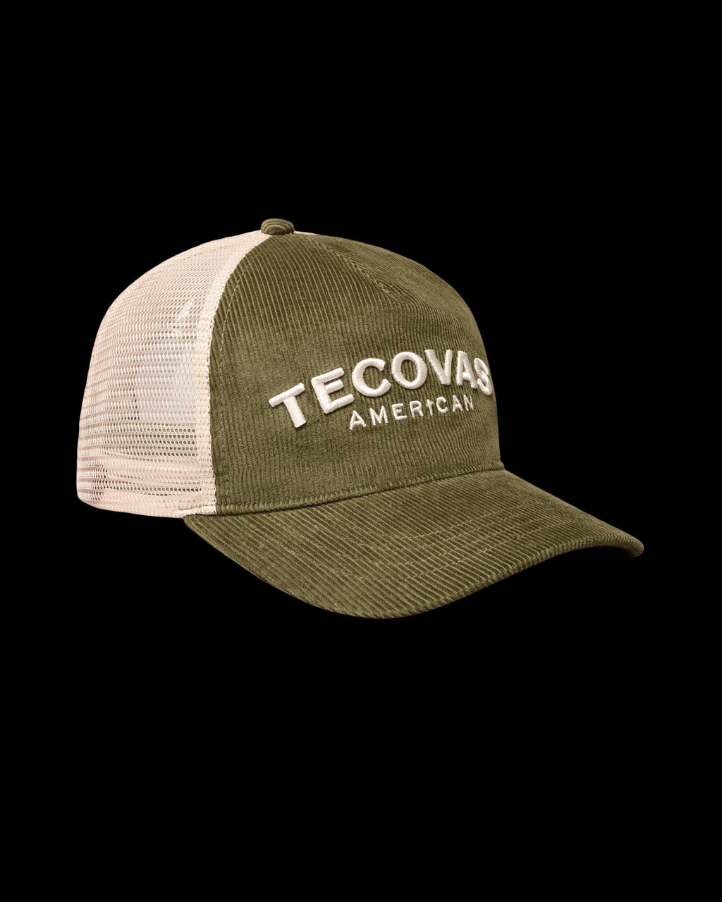 Quarterfront view of Corduroy Tecovas American Trucker - Olive on plain background