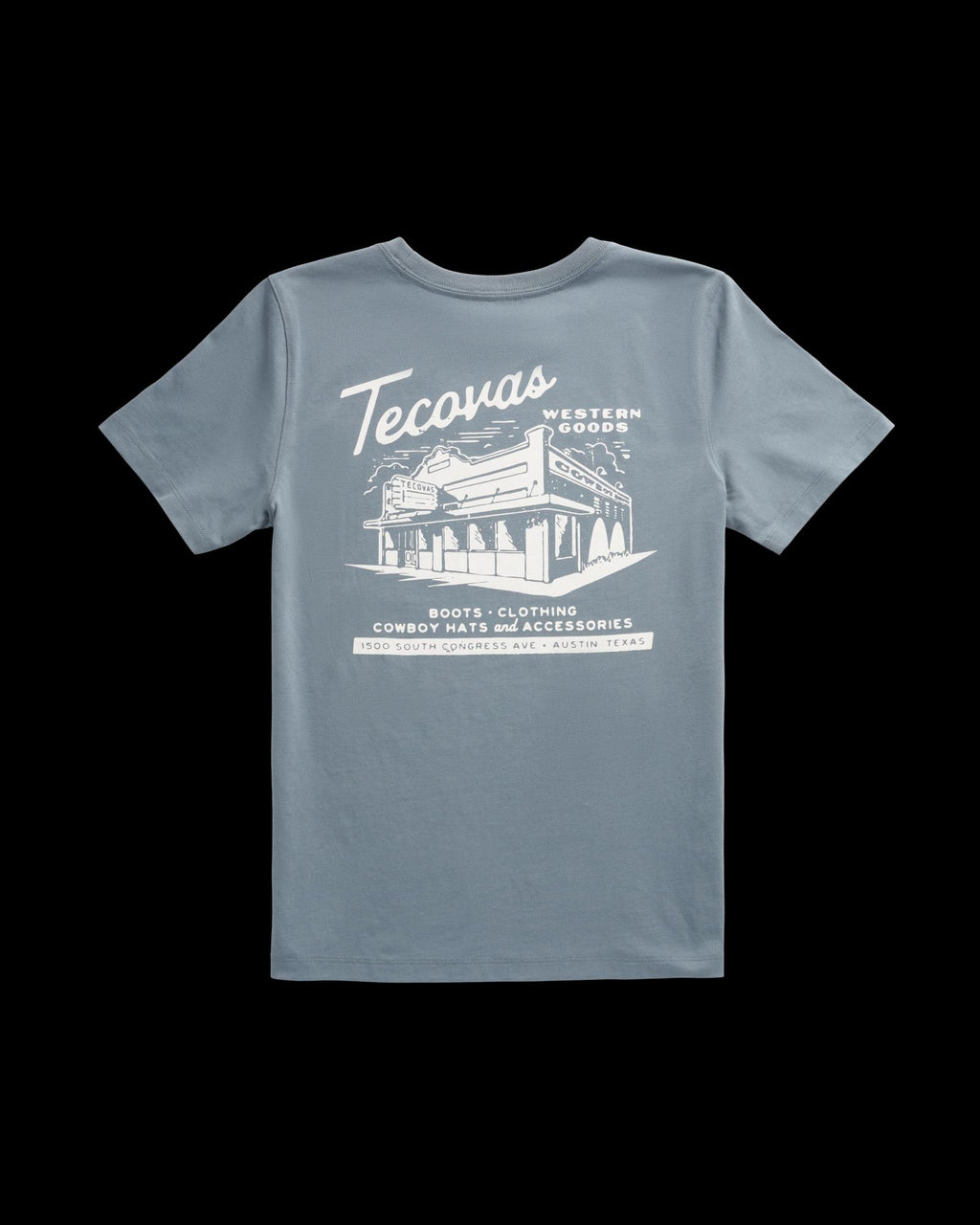 Front view of Women's Store Front Tee - Blue on plain background