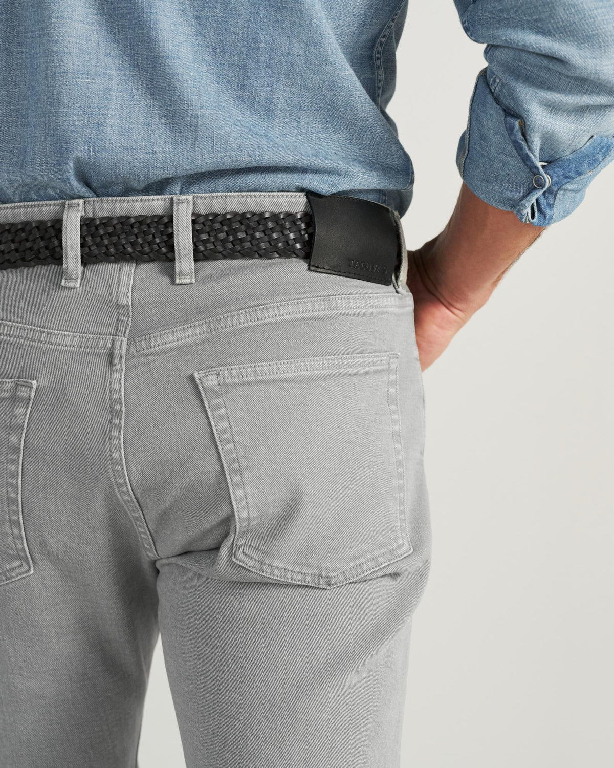 Back view of Men's Slim Straight Stretch Twill - Light Gray on model