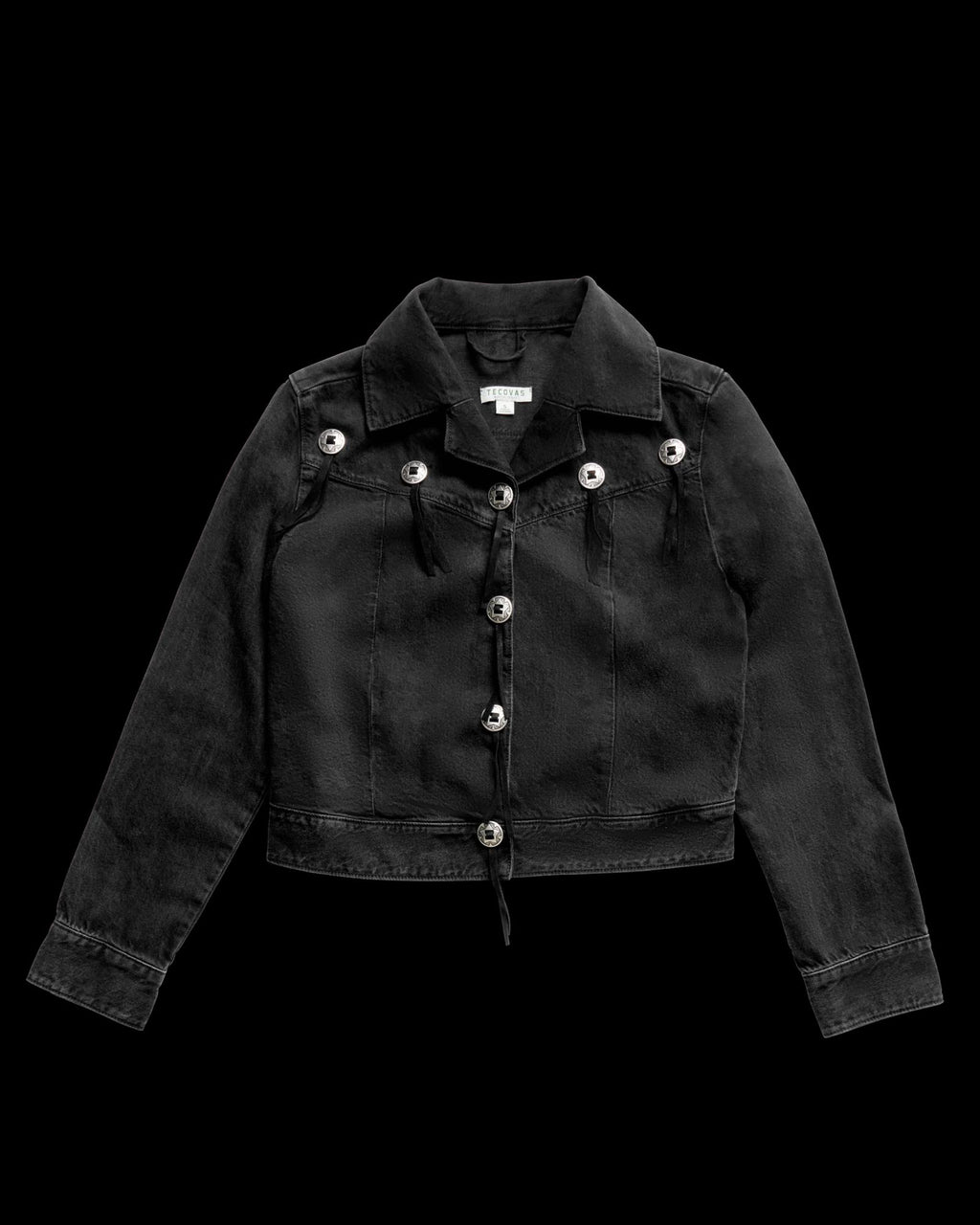 Front view of Women's Rodeo Concho Denim Jacket - Black on plain background