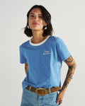 Front view of Women's Vintage Ringer Tee - Jasper/Bone on model