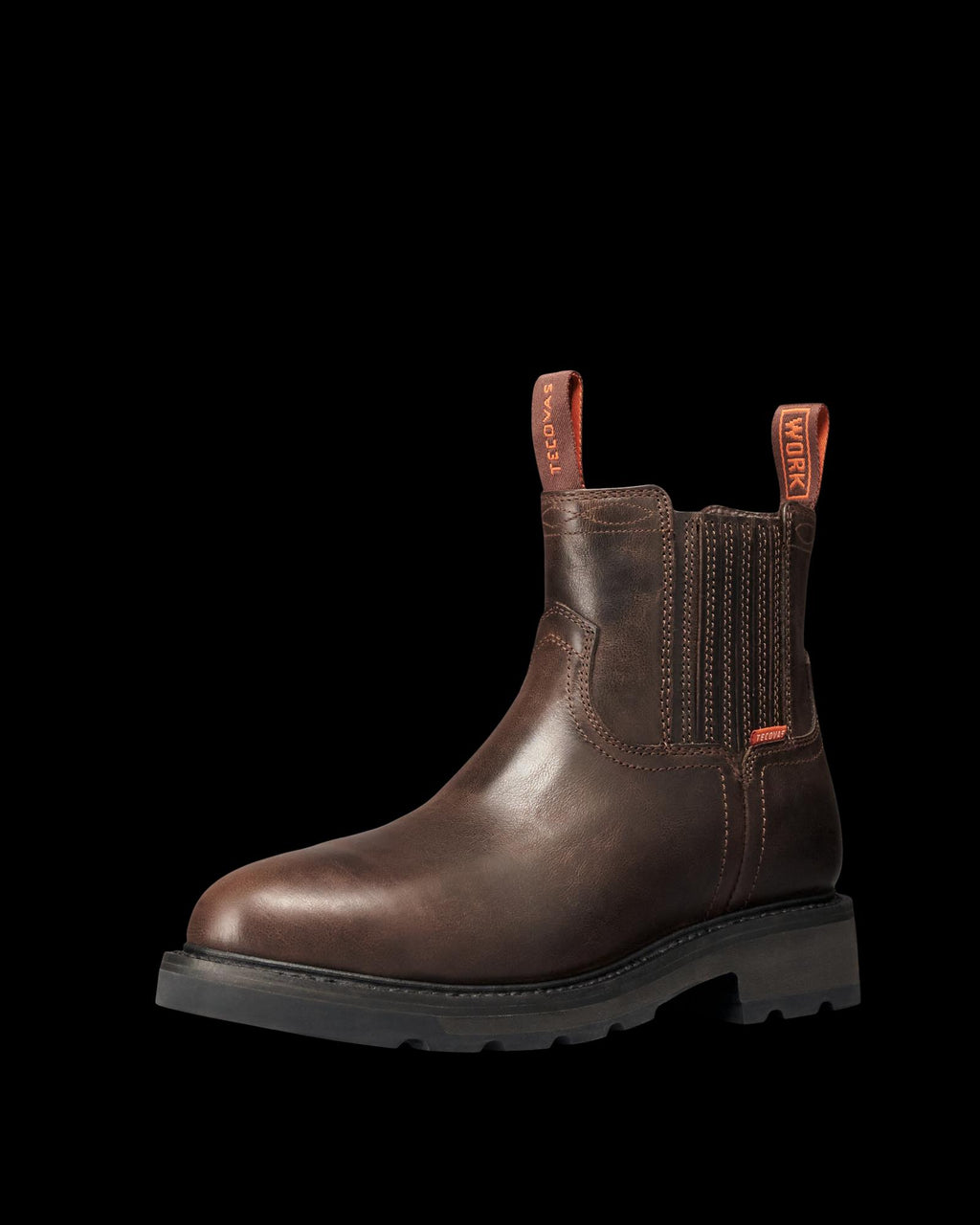 Quarterfront view of Women's LongHaul Waterproof Chelsea Composite Toe Work Boot - Espresso Cowhide on plain background