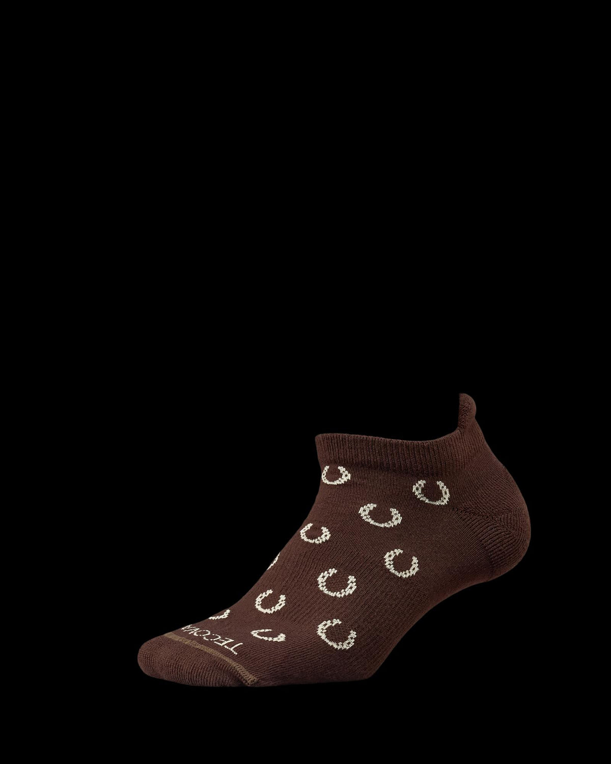 Brown ankle sock with a white horseshoe pattern, shown from a side angle on a plain white background.